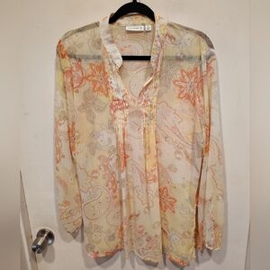 Susan Graver Sheer Yellow Paisley Print Popover Top M Casual Career Lightweight